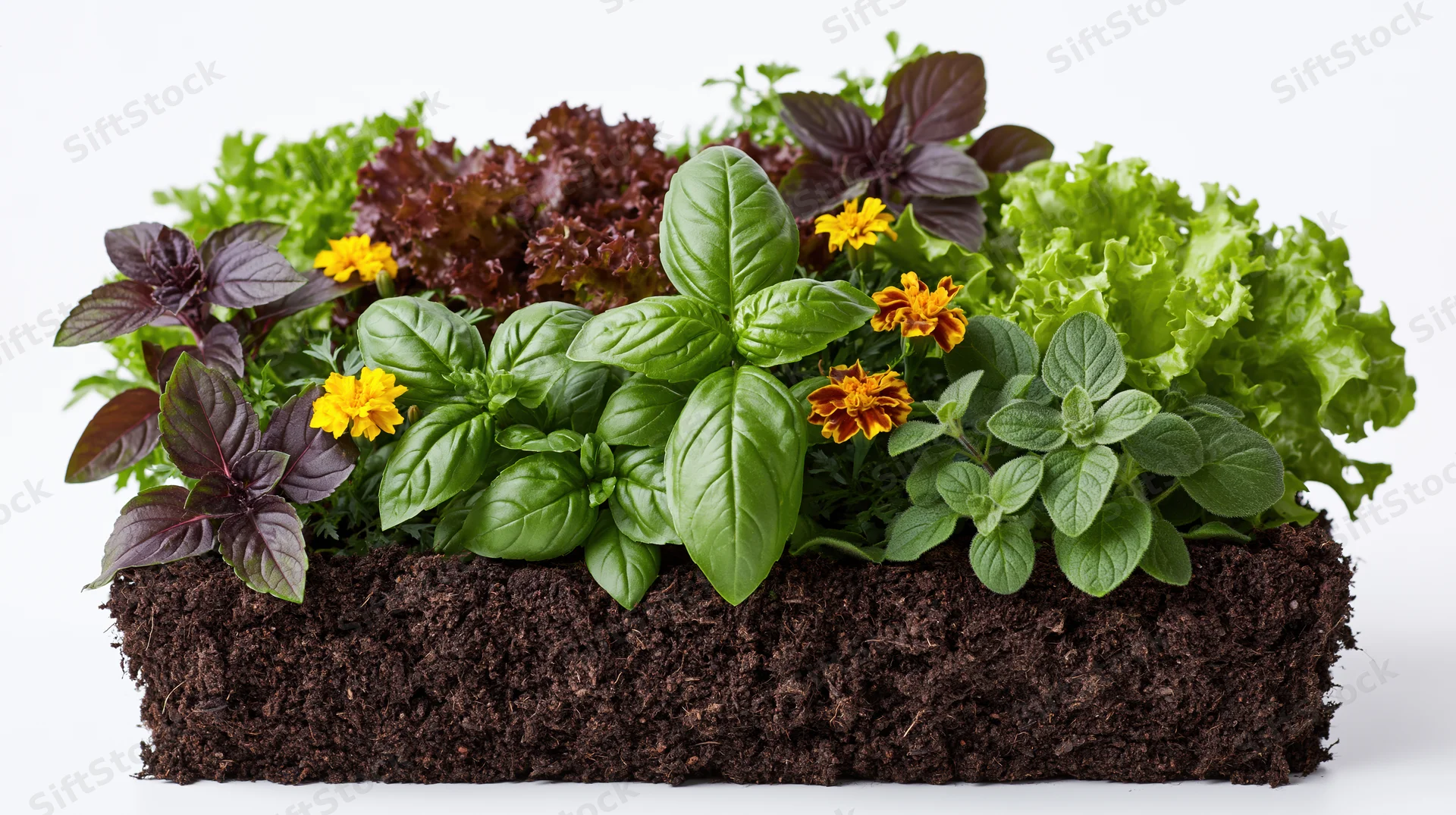 A raised garden bed filled with mixed herbs and leafy greens growing in soil against a white background