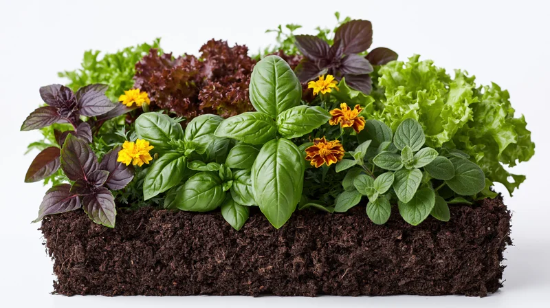 A raised garden bed filled with mixed herbs and leafy greens growing in soil against a white background