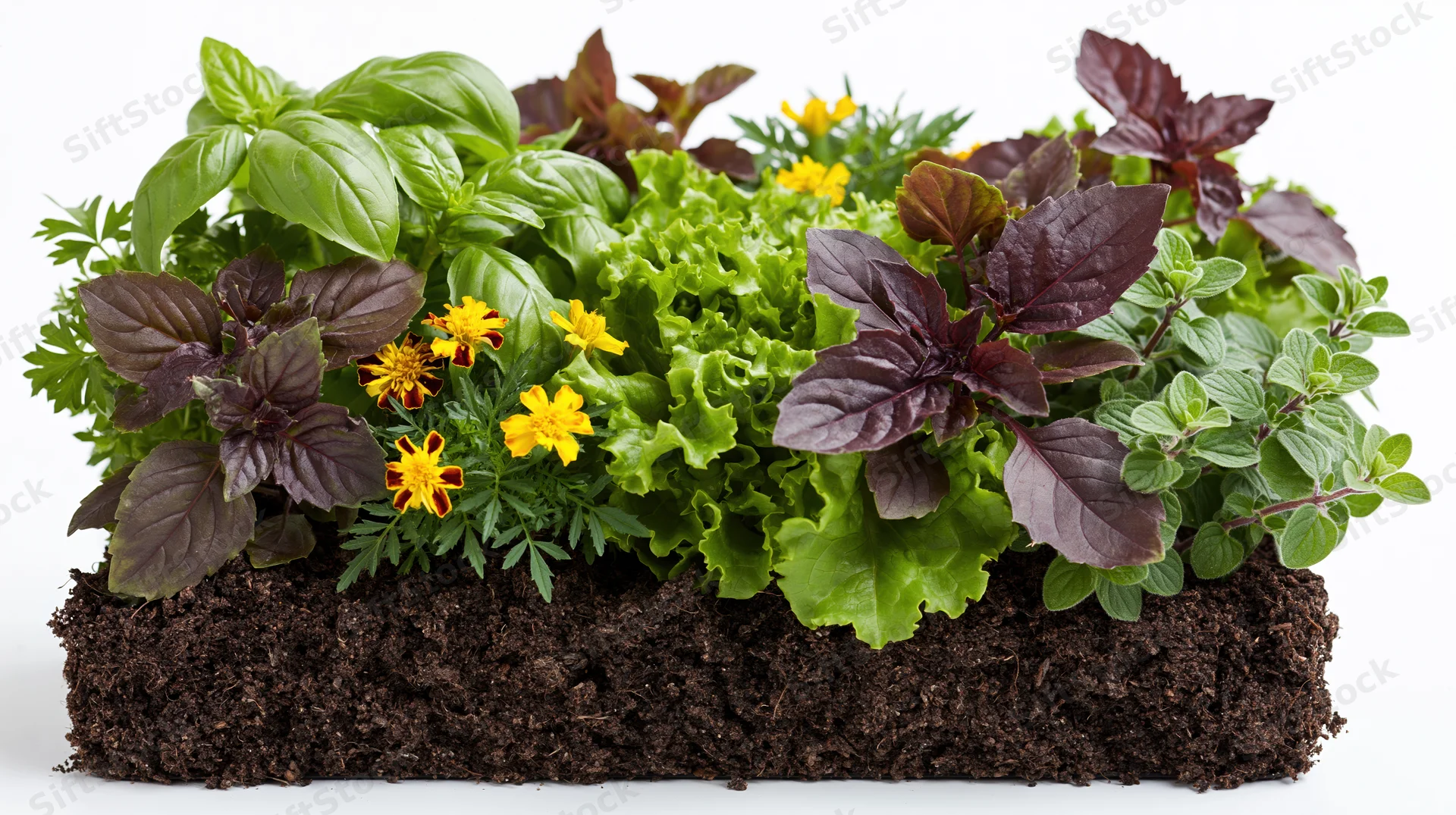 Mixed herbs and leafy greens growing in a raised garden bed filled with soil