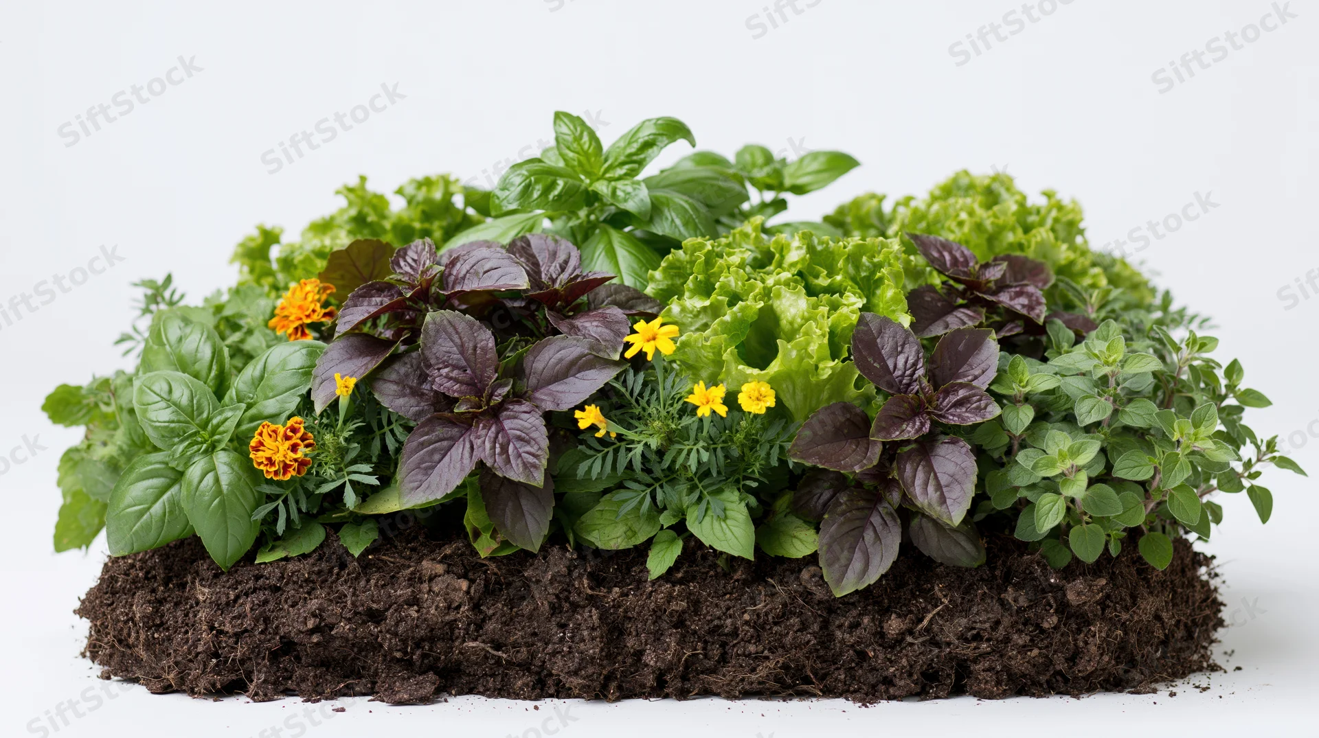 A raised garden bed filled with mixed herbs and leafy greens growing in soil on a white background