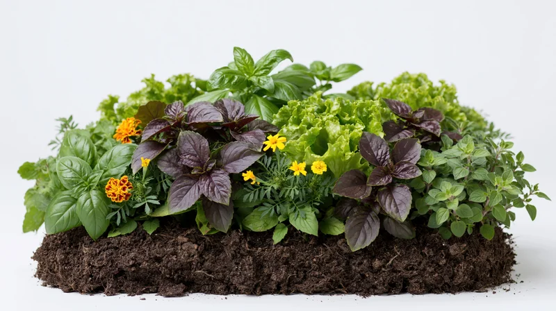 A raised garden bed filled with mixed herbs and leafy greens growing in soil on a white background