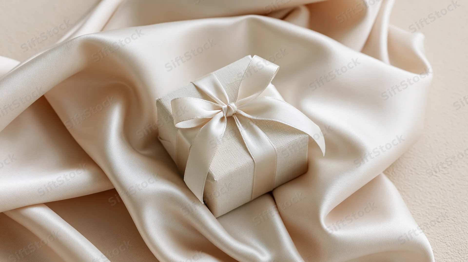Small square gift box wrapped in ivory linen-textured paper with ribbon bow on satin fabric