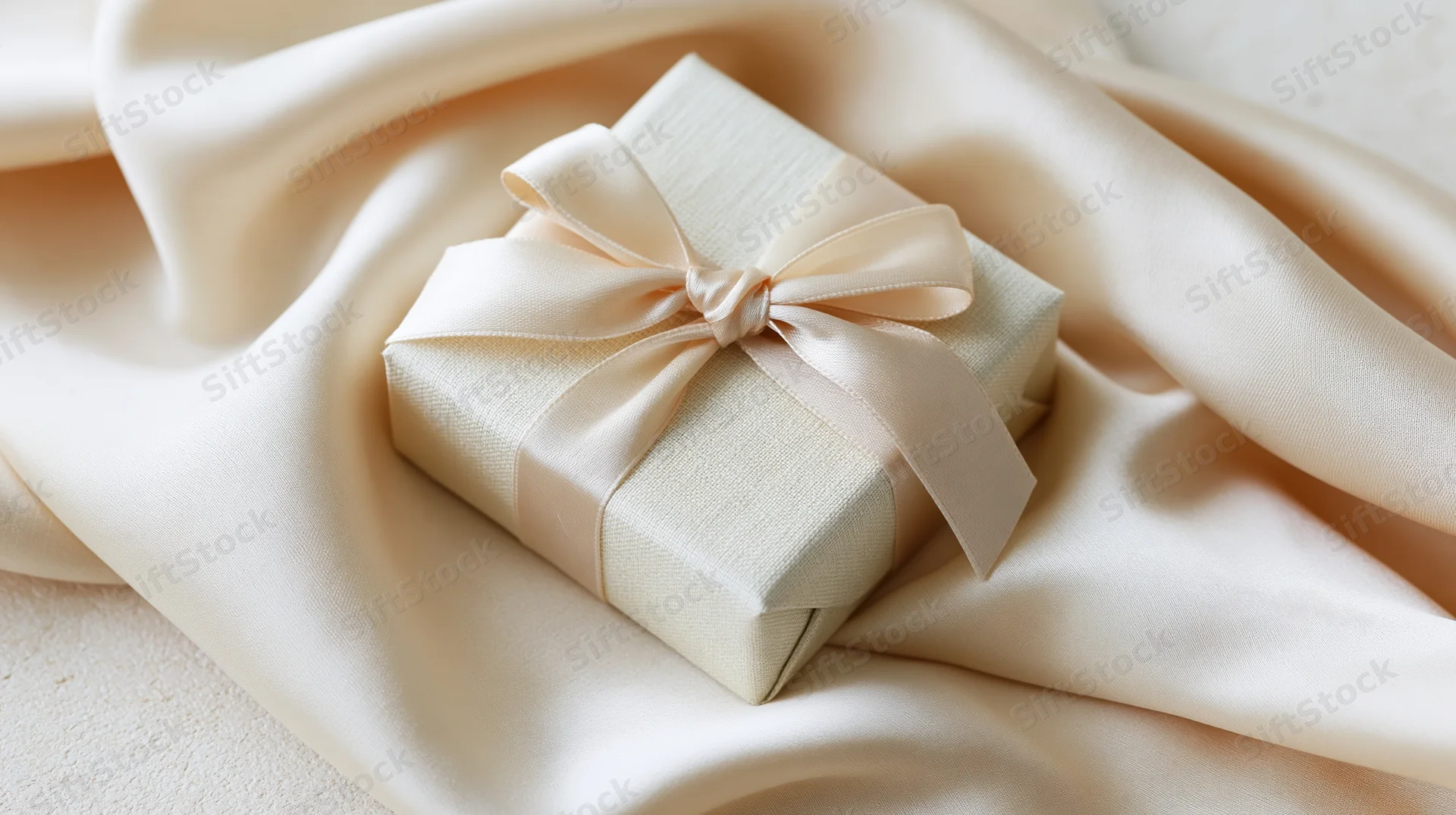 Small square gift box wrapped in ivory linen-textured paper with ribbon bow on draped fabric