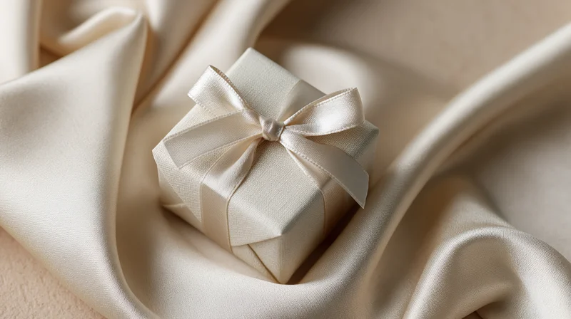 Small square gift box wrapped in ivory linen-textured paper with satin ribbon bow on draped fabric