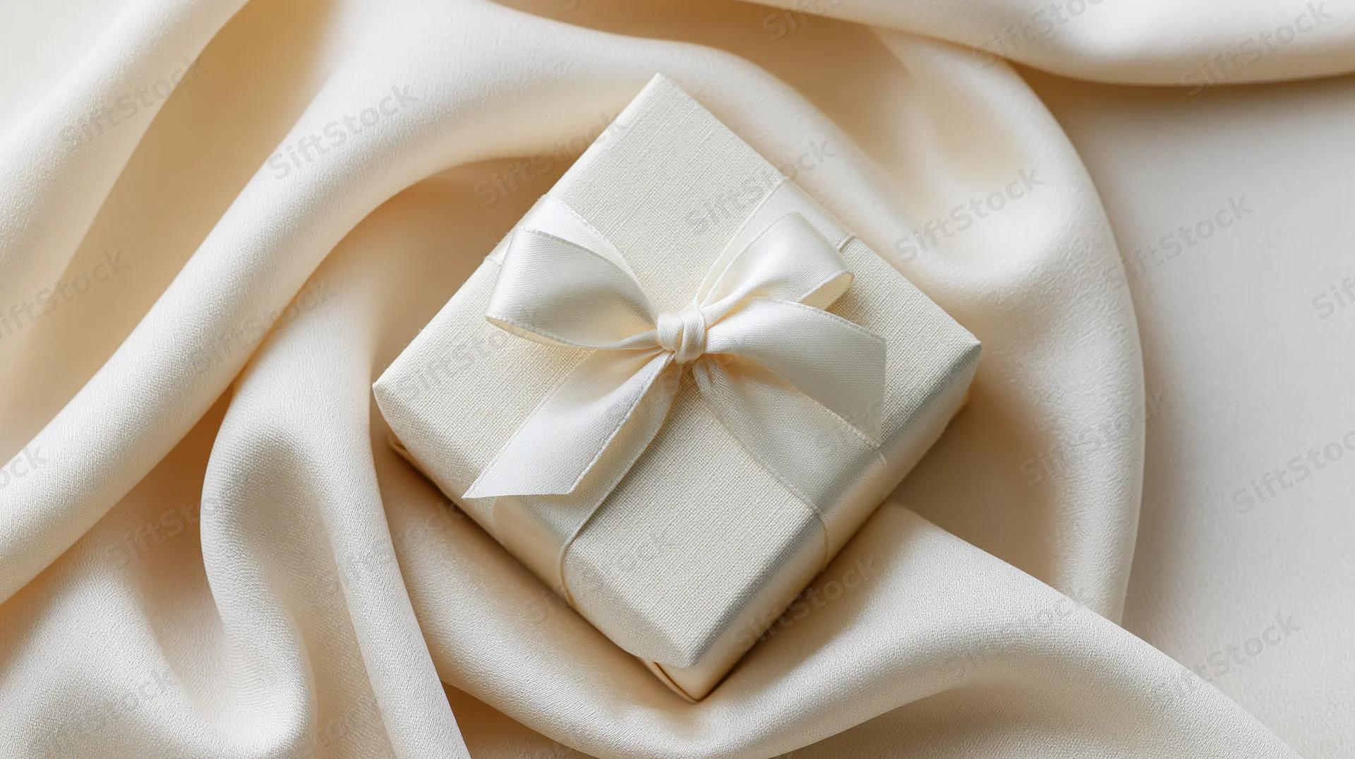 Small square gift box wrapped in ivory linen-textured paper with satin ribbon bow on draped fabric