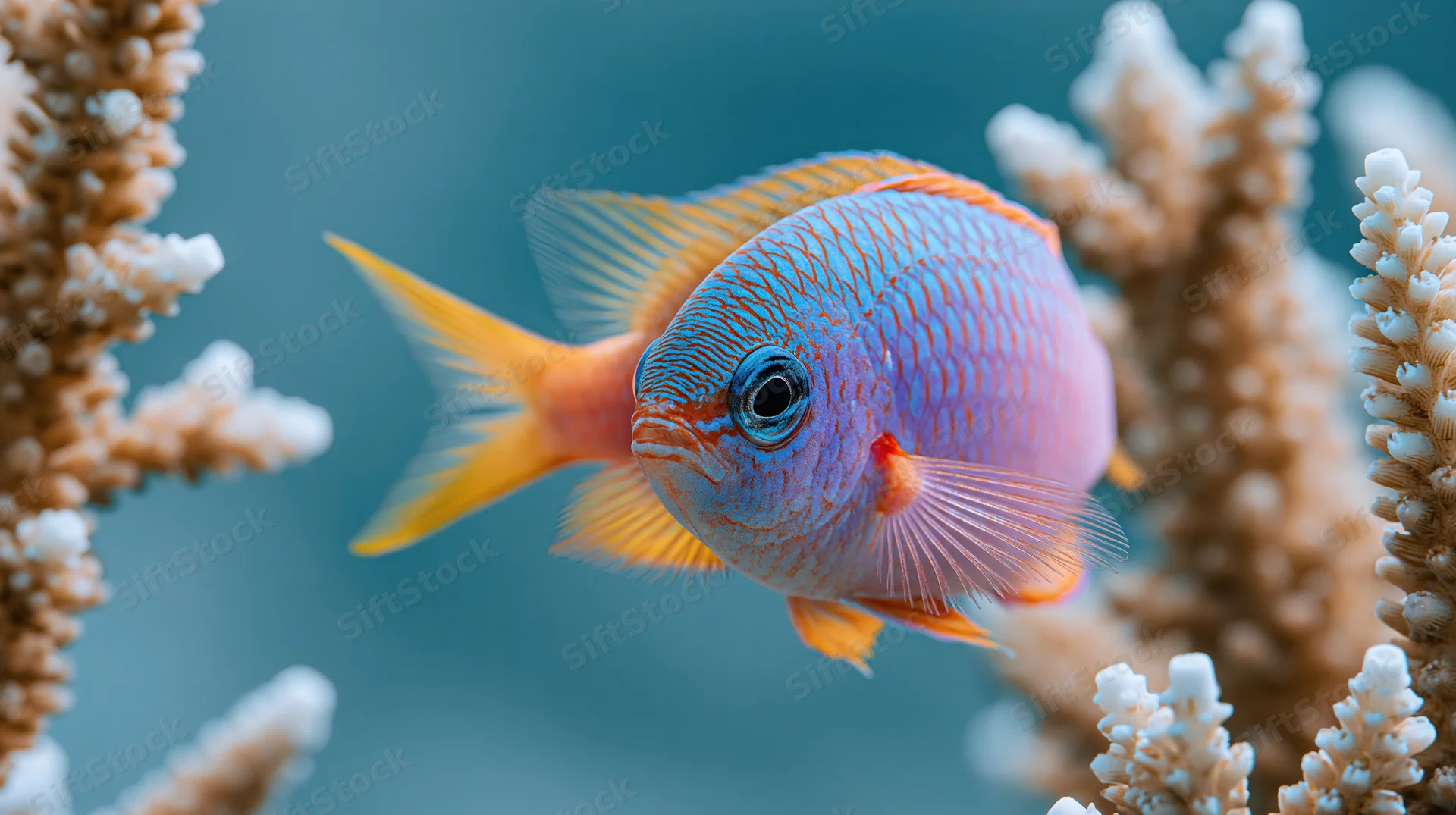 Small tropical reef fish swimming among coral formations in clear blue water