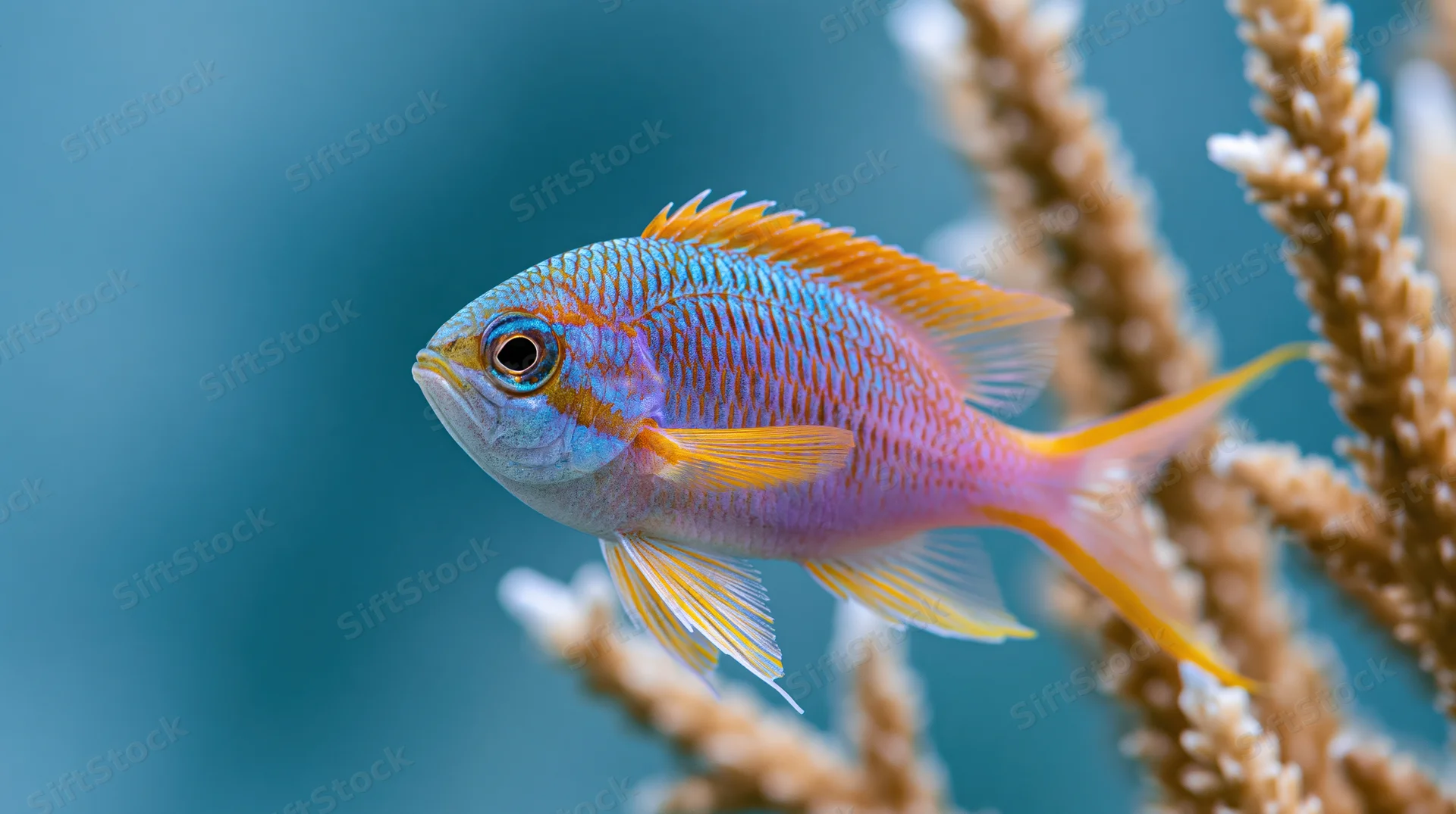 Colorful tropical fish swimming near soft coral in underwater reef environment