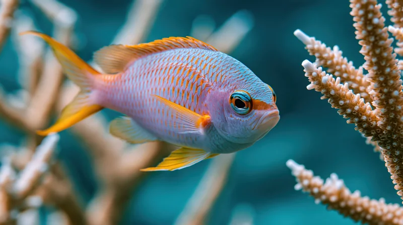 Small tropical reef fish swimming near coral in underwater ocean habitat