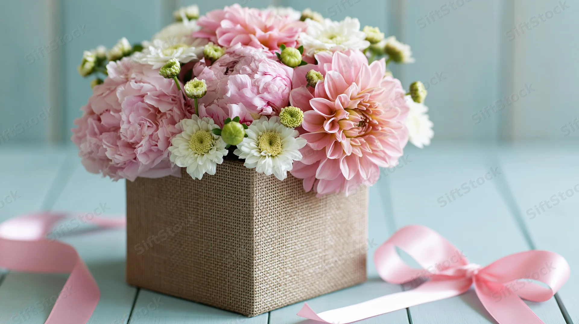 Pink and white flowers arranged in a burlap gift box with satin ribbon on a light blue wooden surface