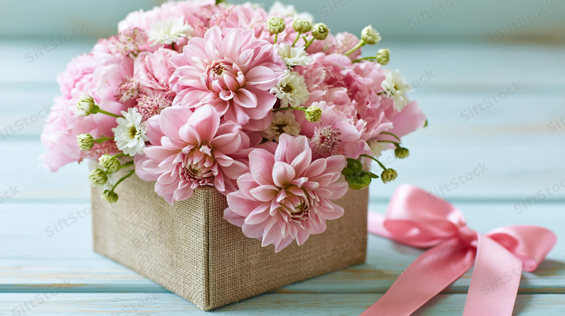 Pink and white flowers arranged in a burlap gift box with a satin ribbon on a light blue wooden surface