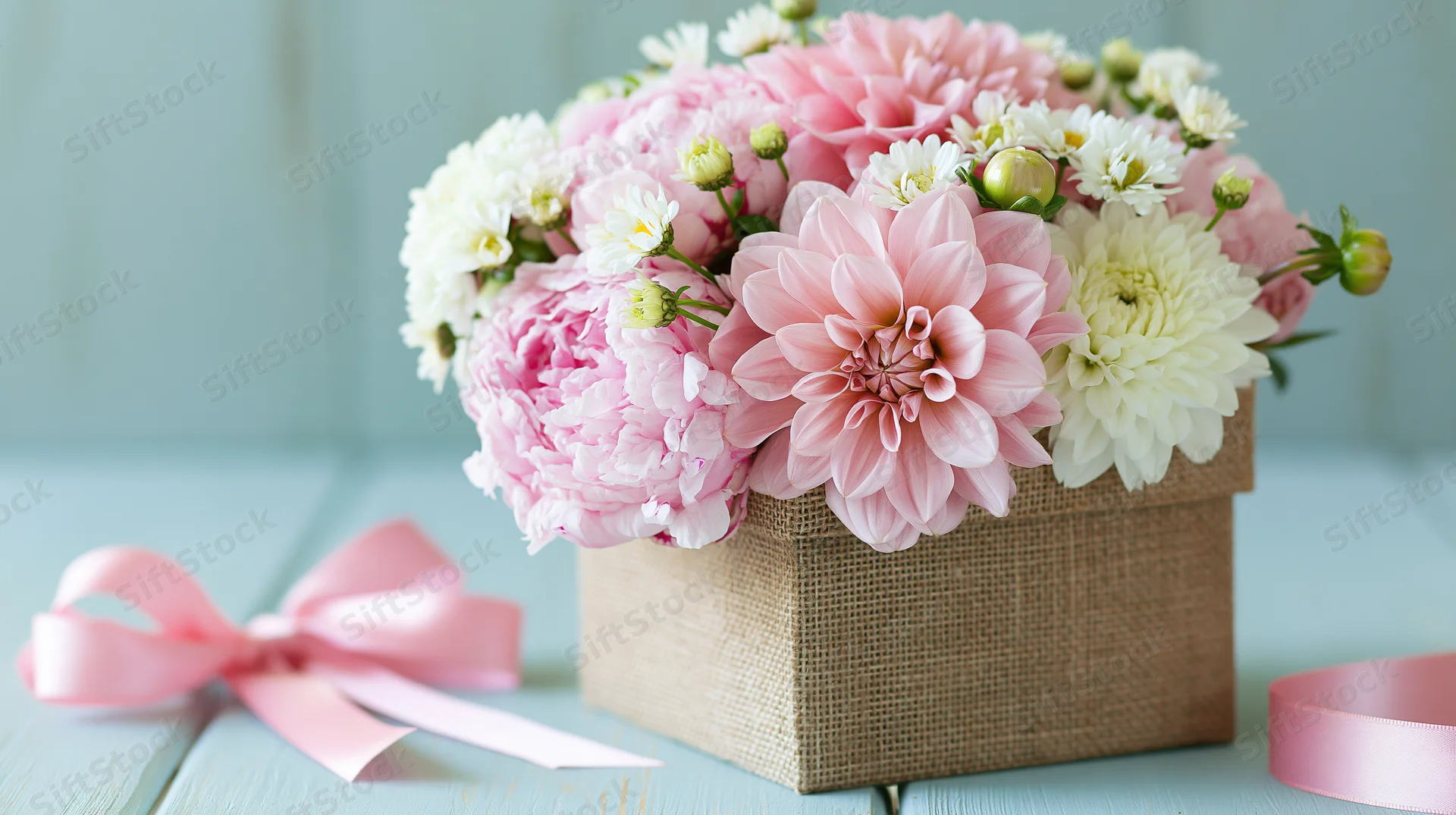 Pink and white flowers arranged in a burlap gift box with ribbon on a light blue surface