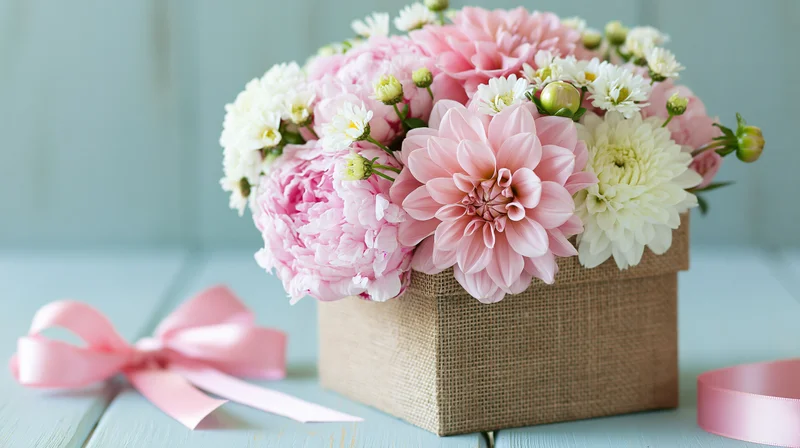 Pink and white flowers arranged in a burlap gift box with ribbon on a light blue surface