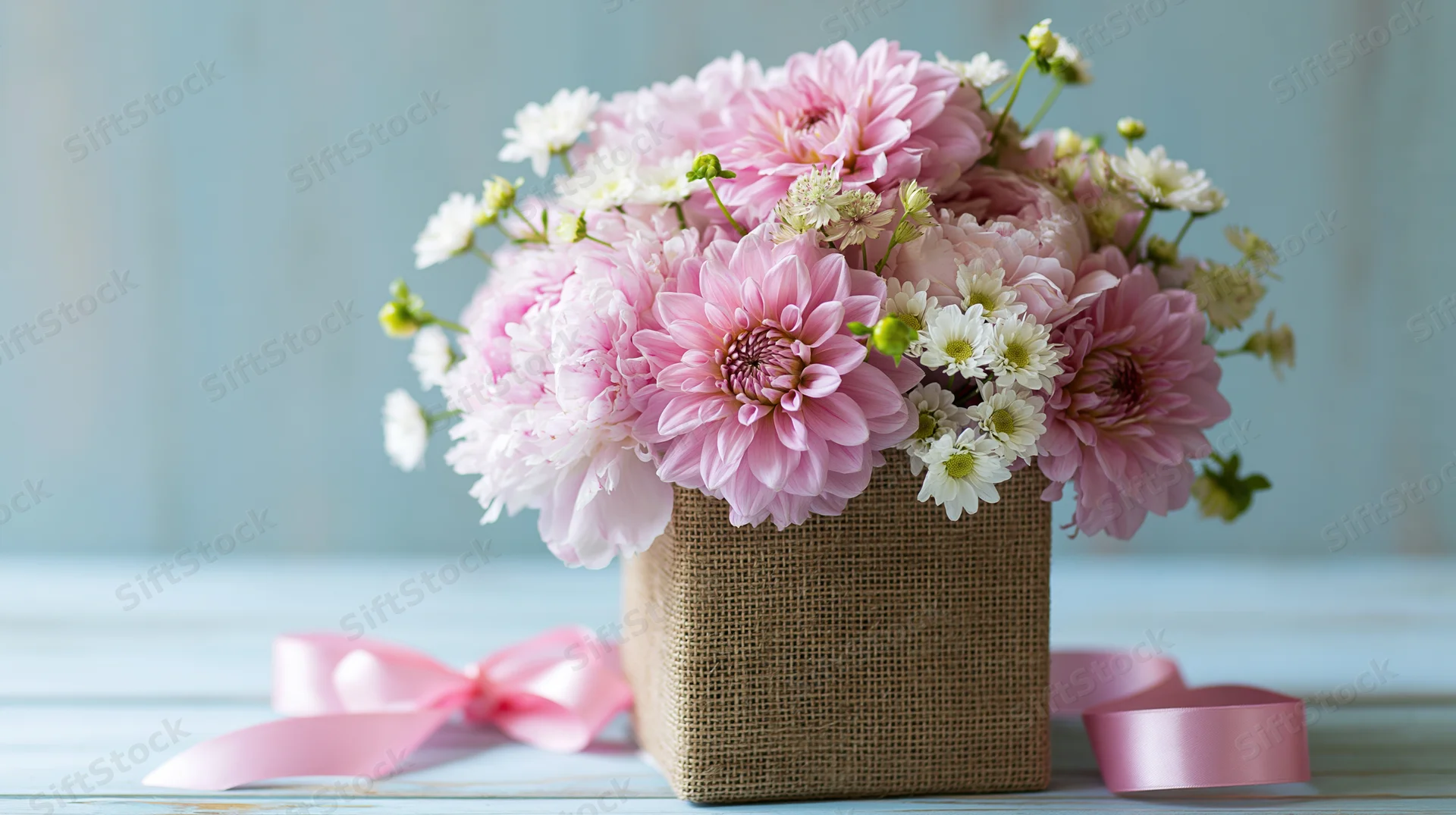 Pink and white flowers arranged in a burlap gift box on a light blue wooden surface with a pink ribbon beside it