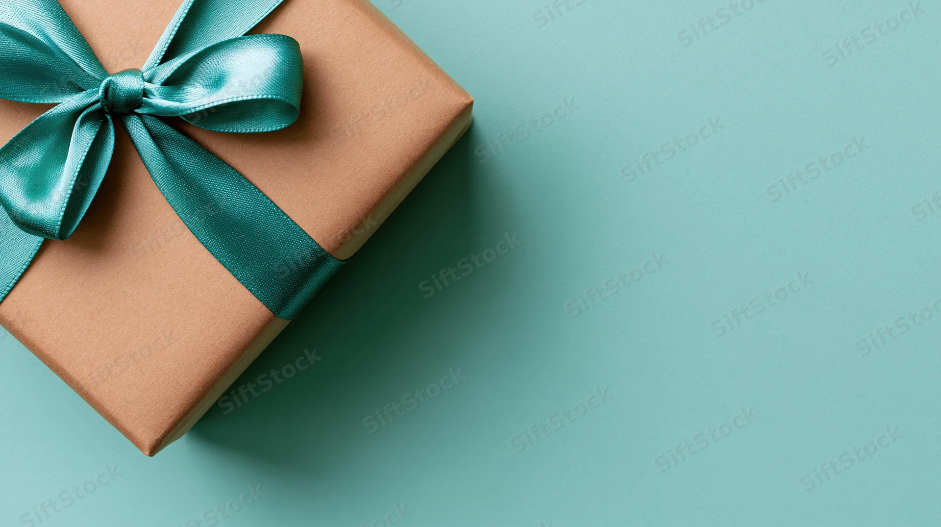 Brown kraft paper gift box with teal ribbon bow on teal background