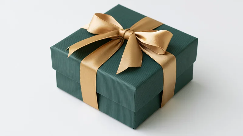 Dark green gift box with gold ribbon bow on white background
