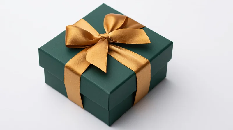 Dark green gift box with gold ribbon bow on white background