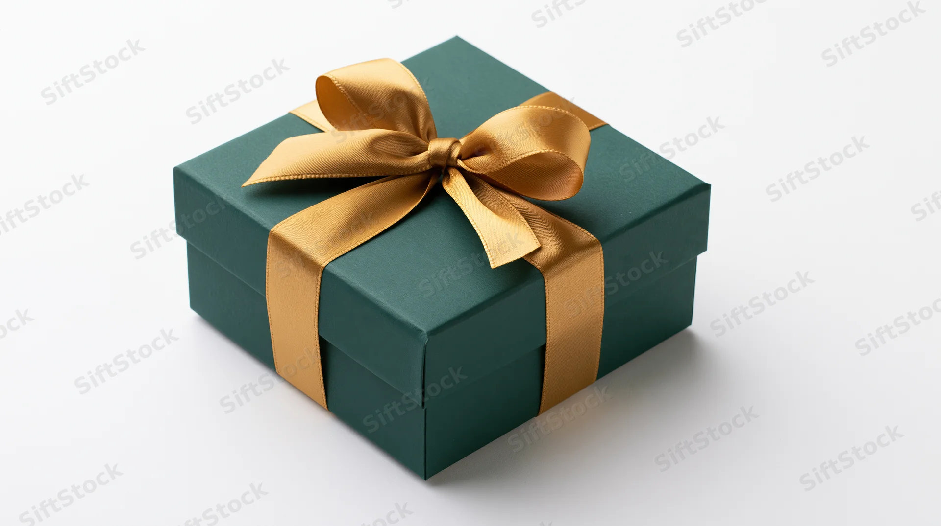 Dark green matte gift box with gold ribbon bow on white background