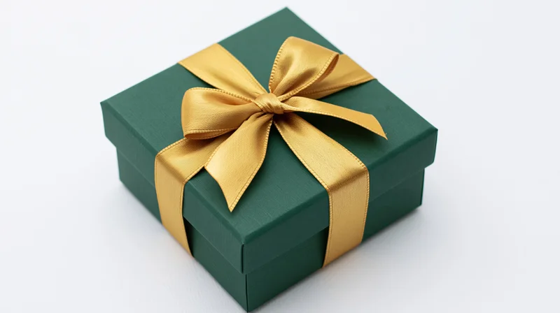 Dark green gift box with gold ribbon bow on white background