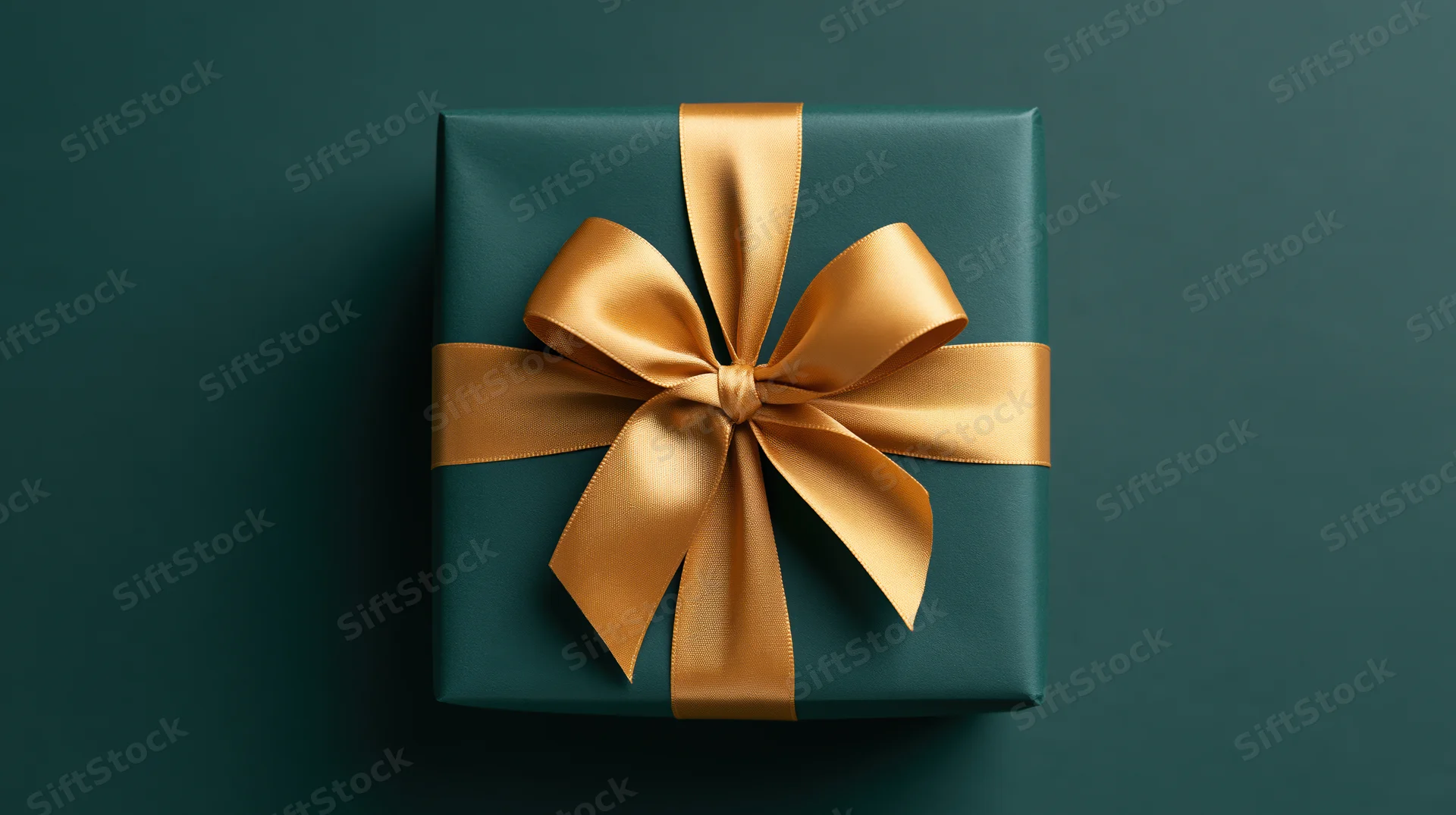 Square gift box wrapped in matte dark green paper with gold ribbon bow on dark green background