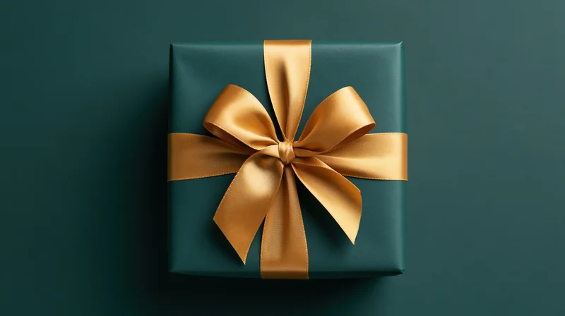 Square gift box wrapped in matte dark green paper with gold ribbon bow on dark green background