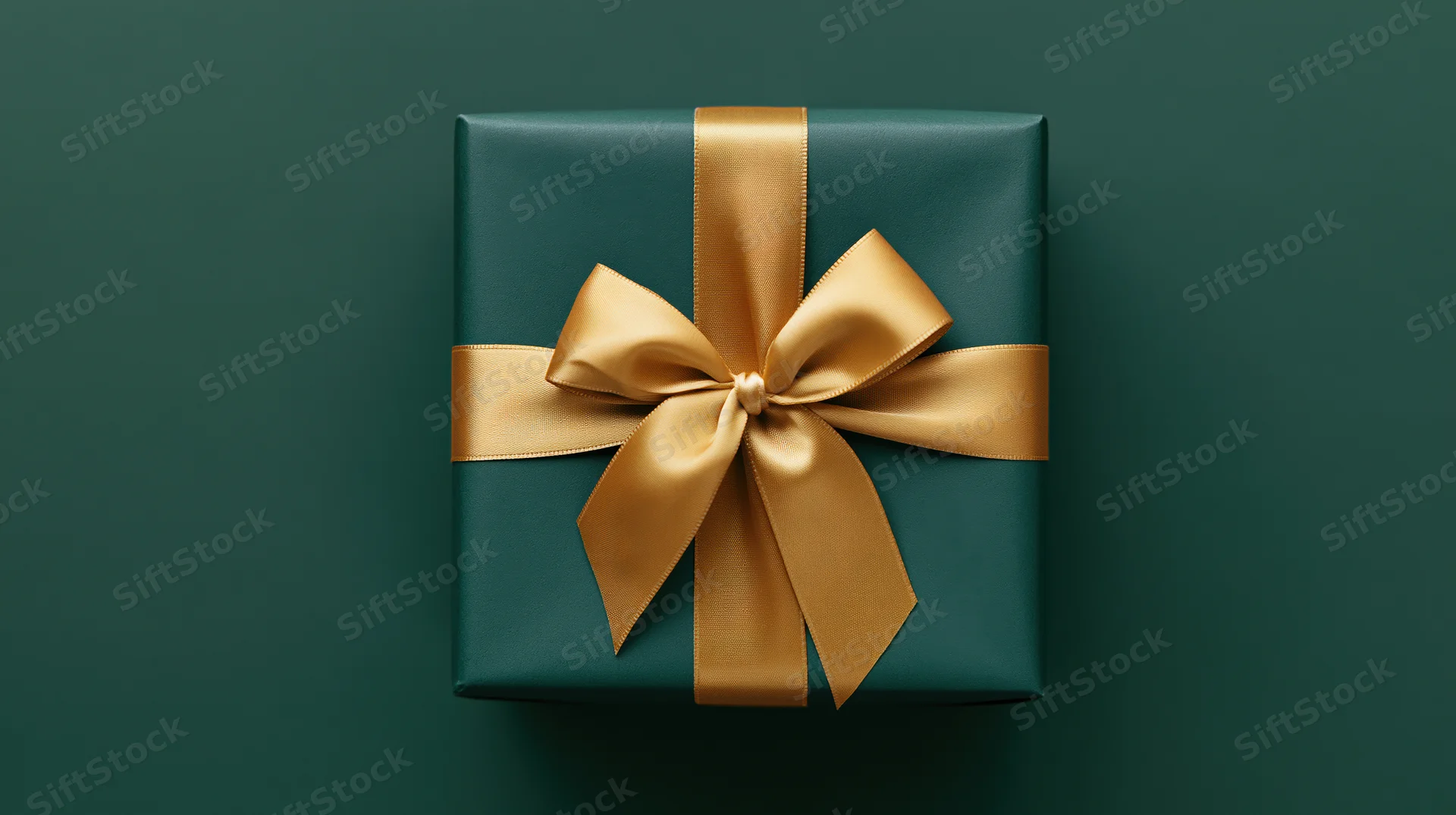 Square gift box wrapped in matte dark green paper with gold satin ribbon bow on dark green surface