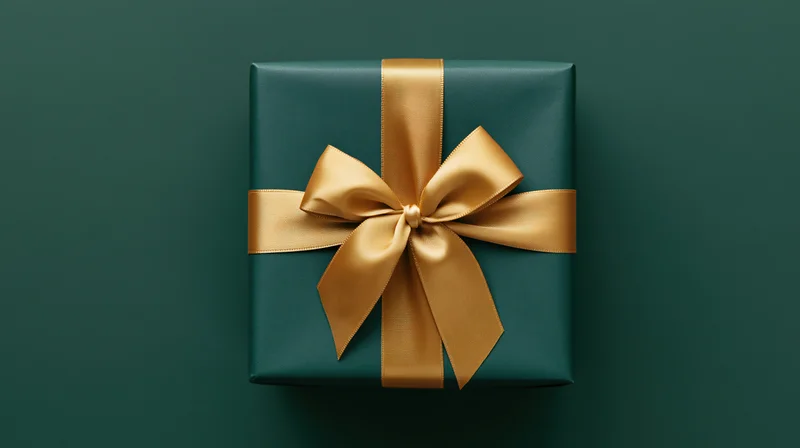 Square gift box wrapped in matte dark green paper with gold satin ribbon bow on dark green surface
