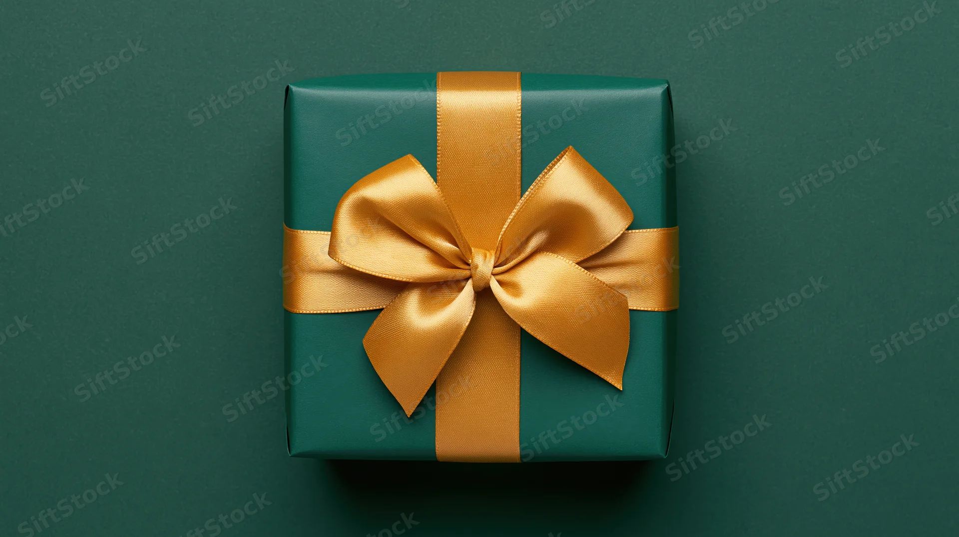 Square gift box wrapped in dark green paper with gold ribbon bow on matching background