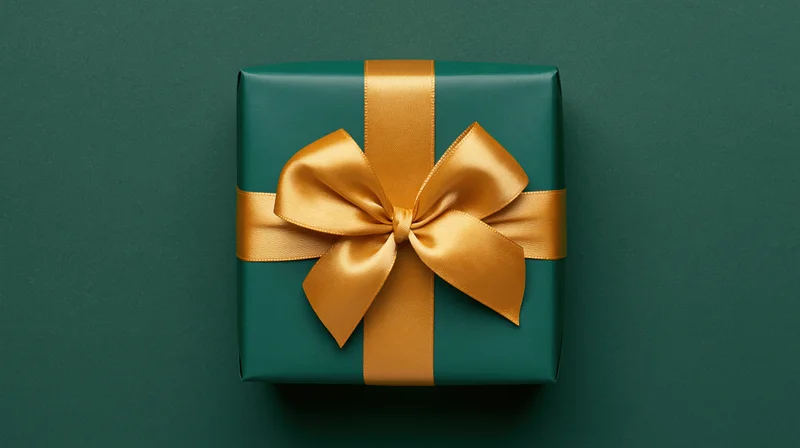 Square box wrapped in dark green paper topped with gold ribbon