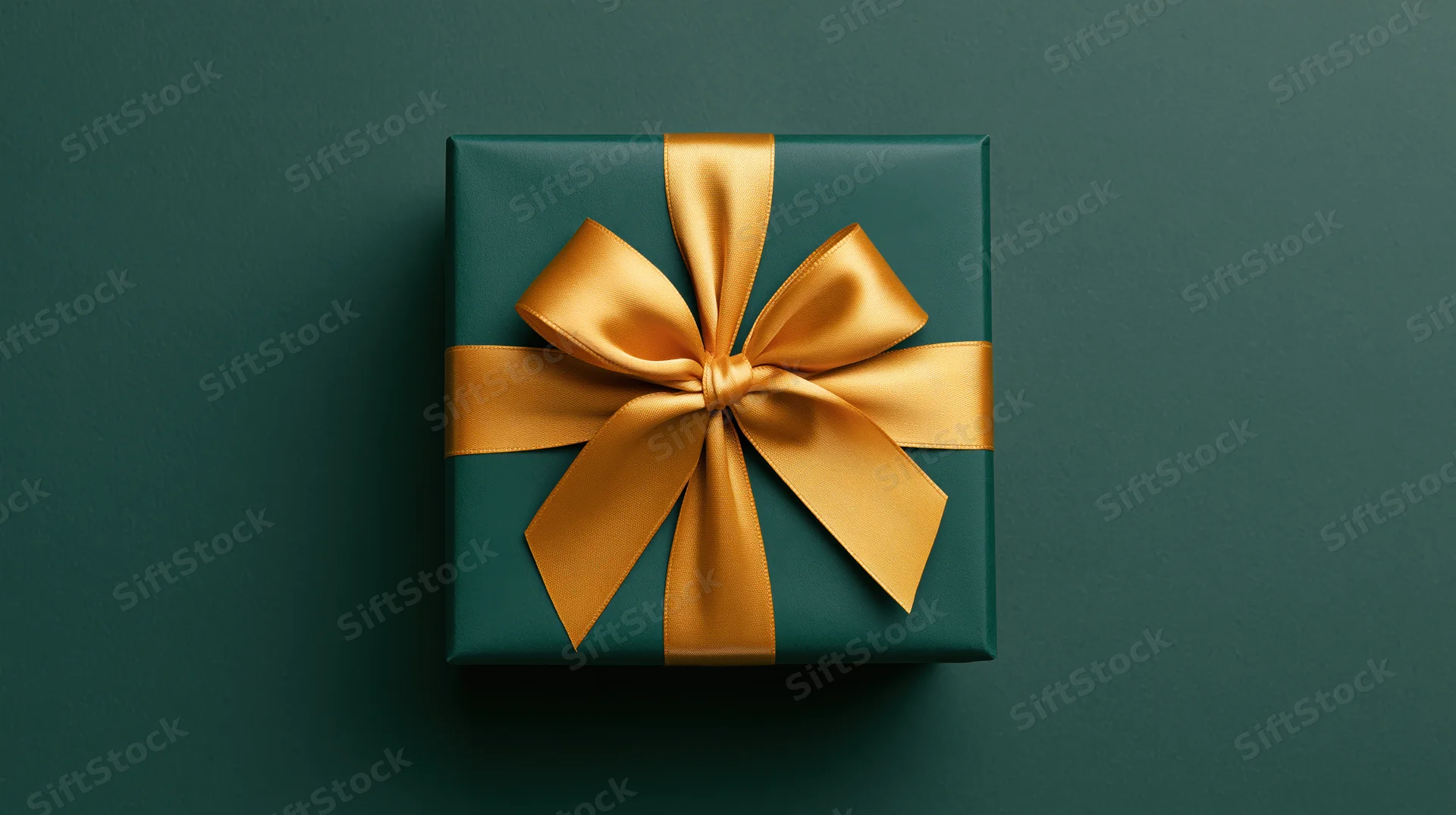 Square gift box wrapped in dark green paper with gold ribbon bow on matching background