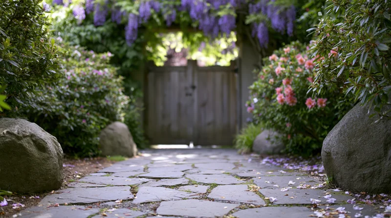 Stone-paved garden path leading to a wooden gate under blooming wisteria arch