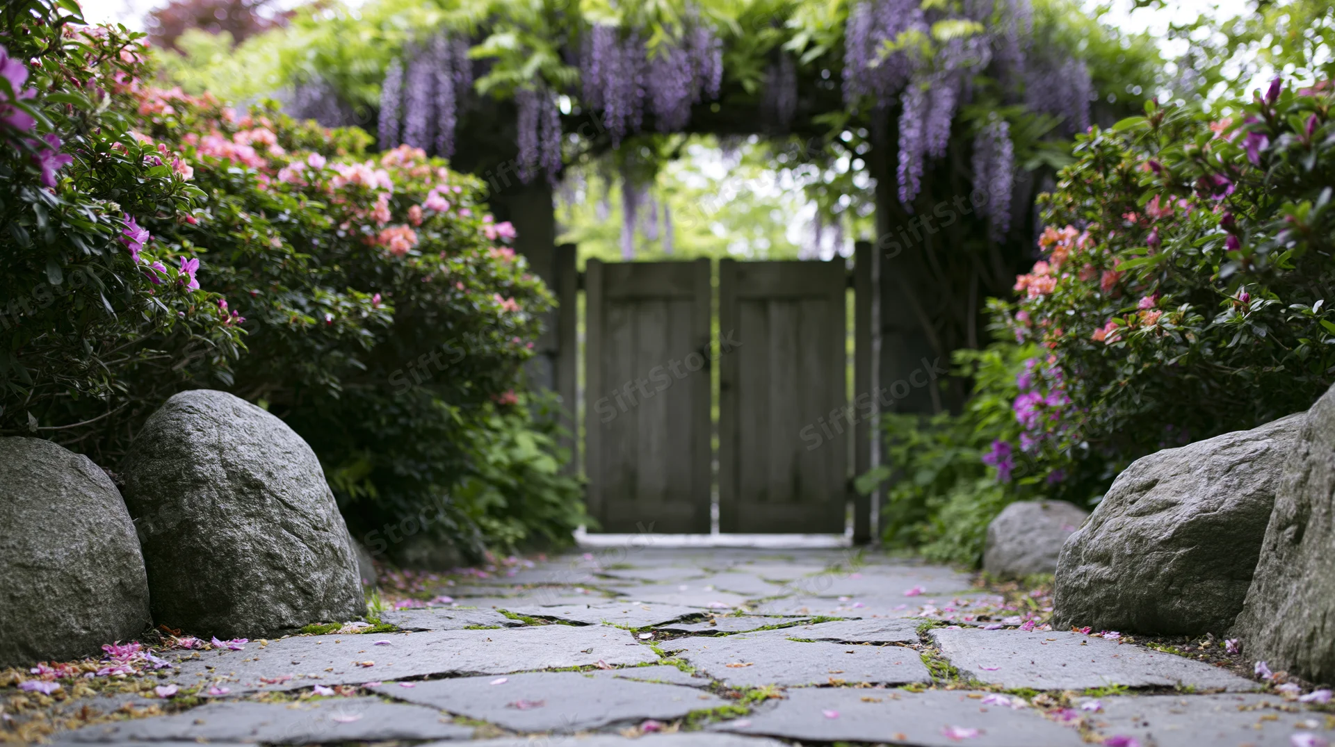 Stone-paved garden path leading to a weathered wooden gate under a wisteria arch