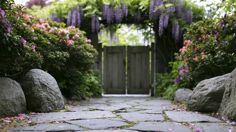 Stone-paved garden path leading to a weathered wooden gate under a wisteria arch