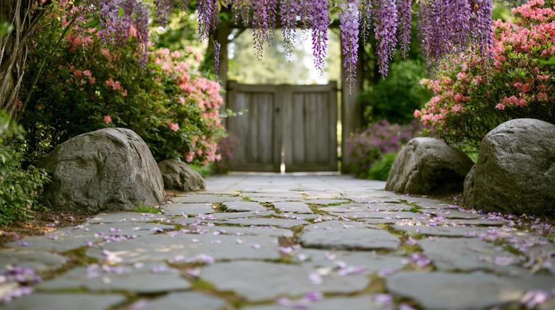 Stone-paved garden path lined with wisteria and pink flowers leading to a wooden gate