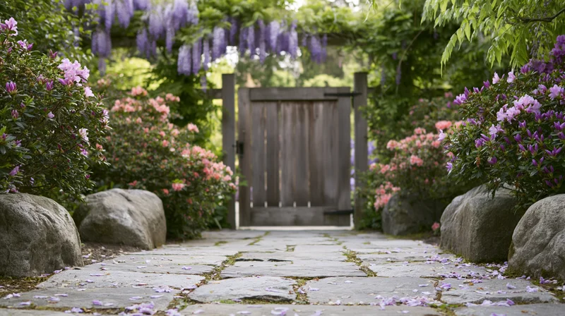 Stone-paved garden path leading to a weathered wooden gate under a wisteria arch with blooming flowers and rocks on either side