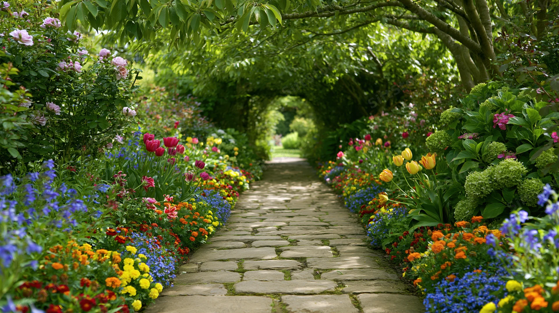Stone cobblestone path lined with colorful blooming flowers in a lush garden