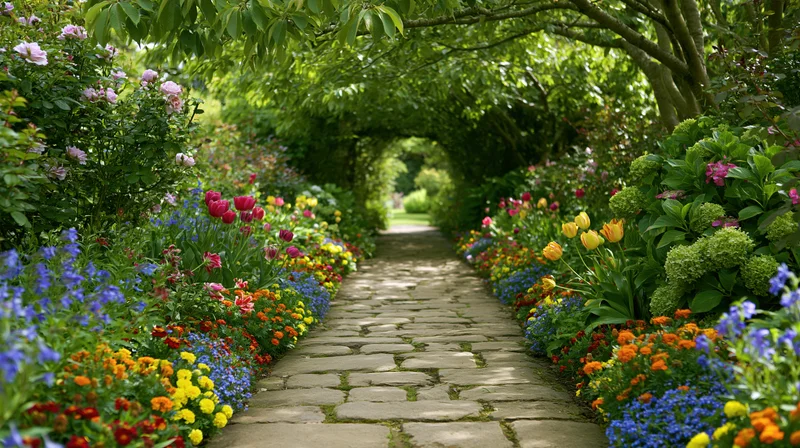 Stone cobblestone path lined with colorful blooming flowers in a lush garden