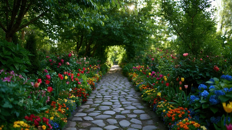 Stone cobblestone path lined with colorful flower beds under leafy arch in garden