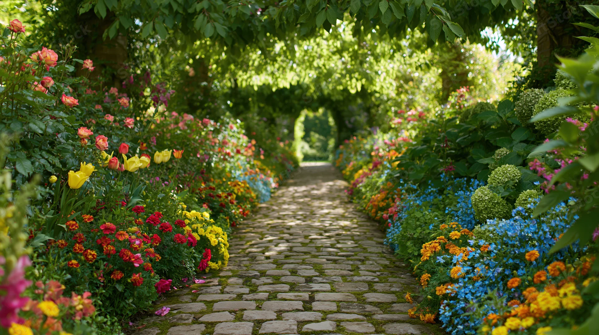 Cobblestone garden path lined with colorful flowers under a leafy archway