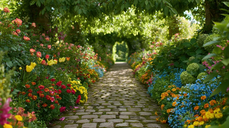 Cobblestone garden path lined with colorful flowers under a leafy archway