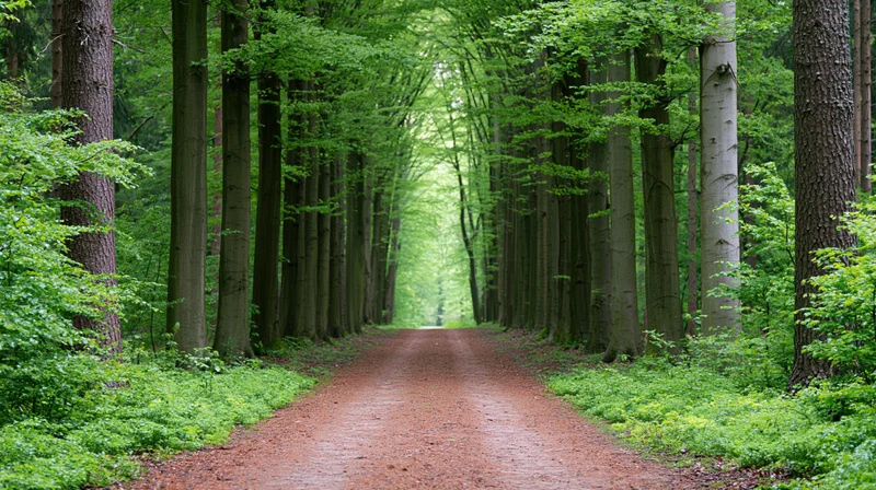 Straight dirt path through dense beech forest with green canopy overhead