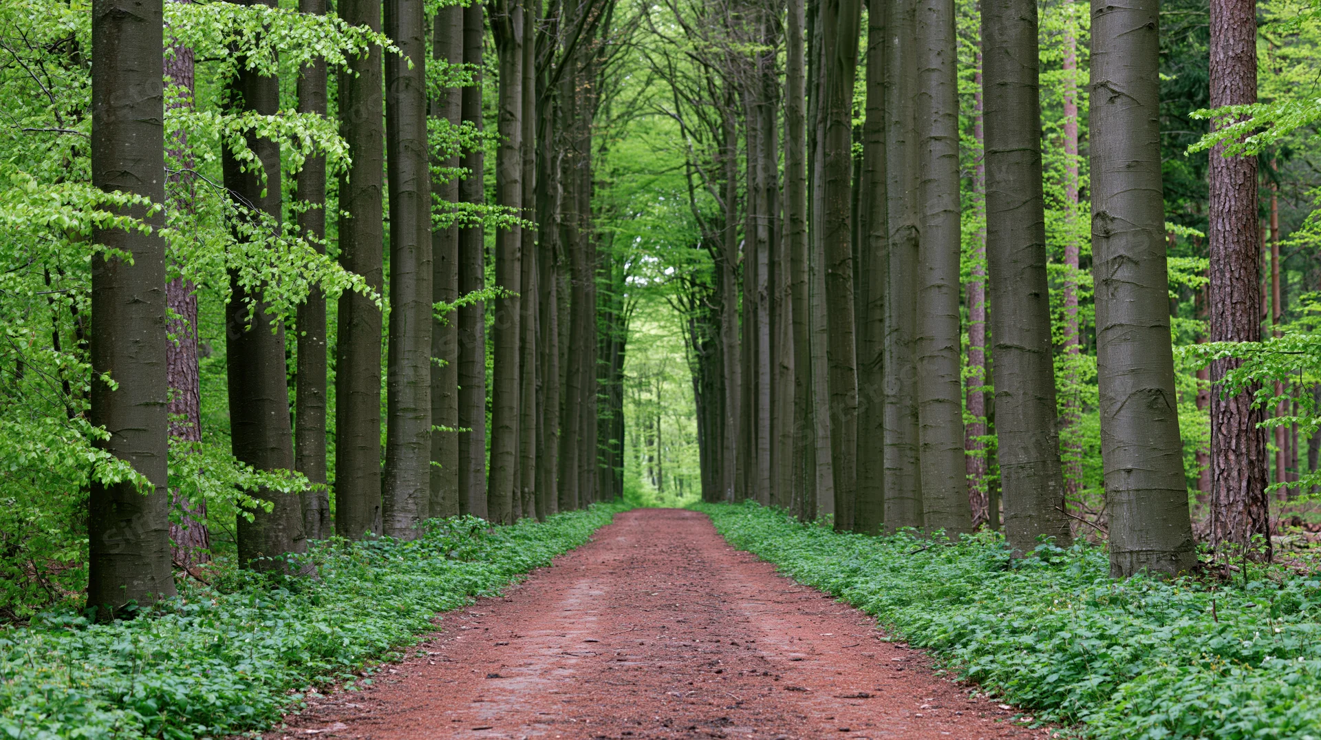 Straight dirt path lined with tall beech trees in a dense forest