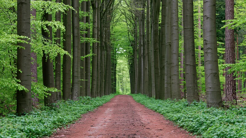 Straight dirt path lined with tall beech trees in a dense forest