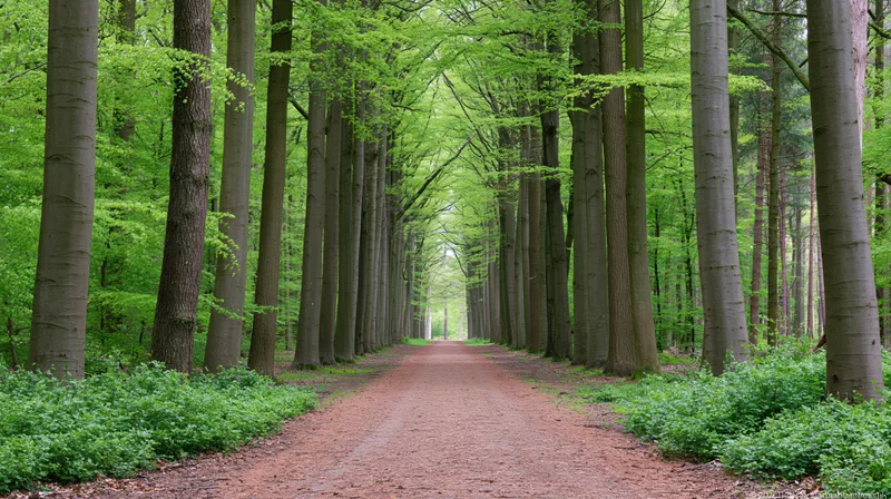 Straight dirt path lined with tall beech trees in a dense forest during spring
