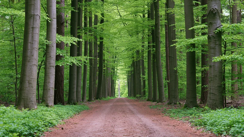 Straight dirt path through dense beech forest with green canopy overhead