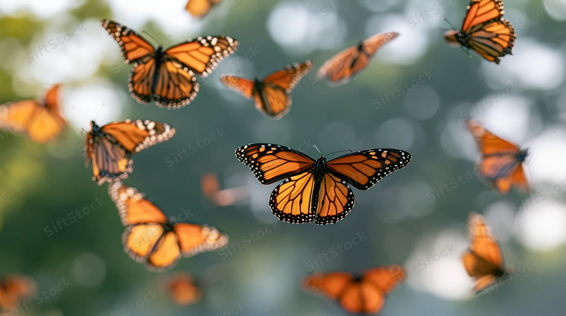 Monarch butterflies in mid-flight with wings spread against a blurred natural background