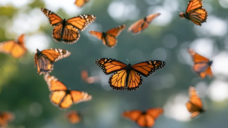 Monarch butterflies in mid-flight with wings spread against a blurred natural background