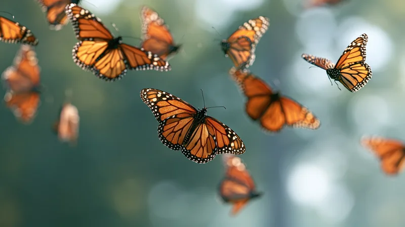 Monarch butterflies in mid-flight with wings spread against a blurred natural background
