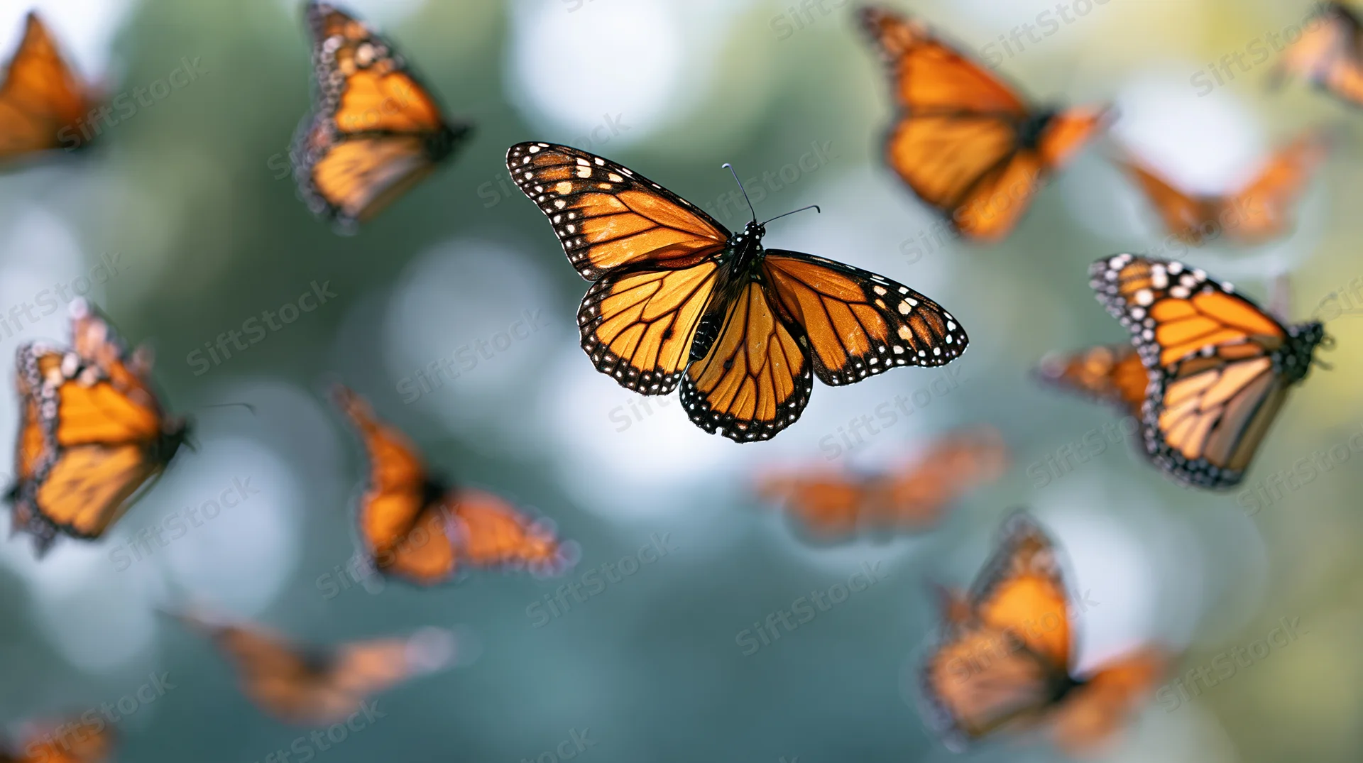 Monarch butterflies in mid-flight with wings spread against a soft blurred natural background