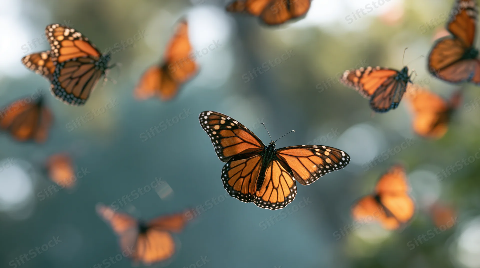 Monarch butterflies in mid-flight with wings spread against a blurred natural background
