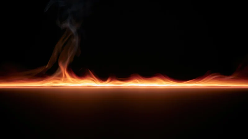 Horizontal line of fire burning across dark background with rising smoke